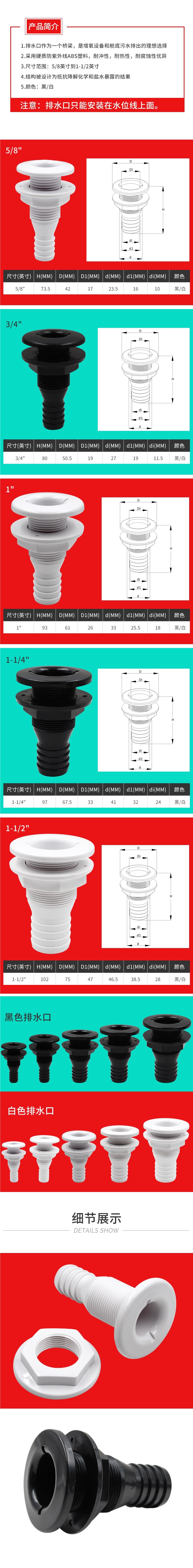 Seaflo Marine Drain Outlet Quick Connector for Yacht 1inch Outlet Abs Yacht Plastic Rv Accessory Hole