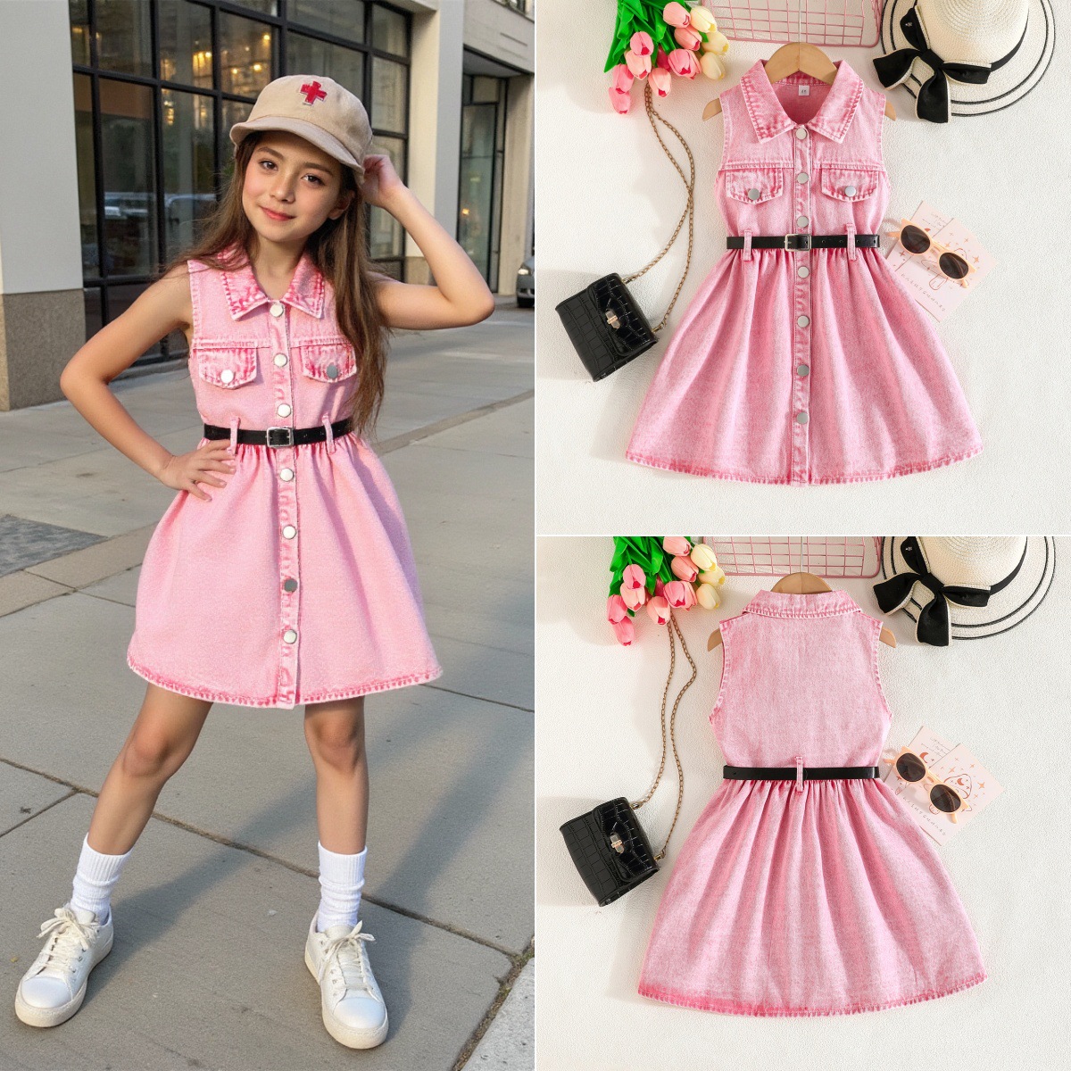 Cross-Border Exclusive Summer Sleeveless Denim Dress for Girls + Belt Fashion European and American Denim Skirt Korean Summer Outfit