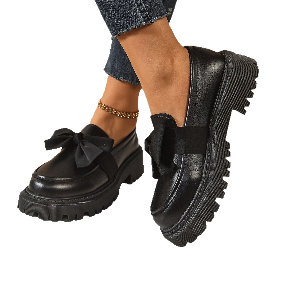 Women's Plus Size Bow Tie Leather Shoes Autumn New Style Design Platform Loafers In Stock_voghion.com
