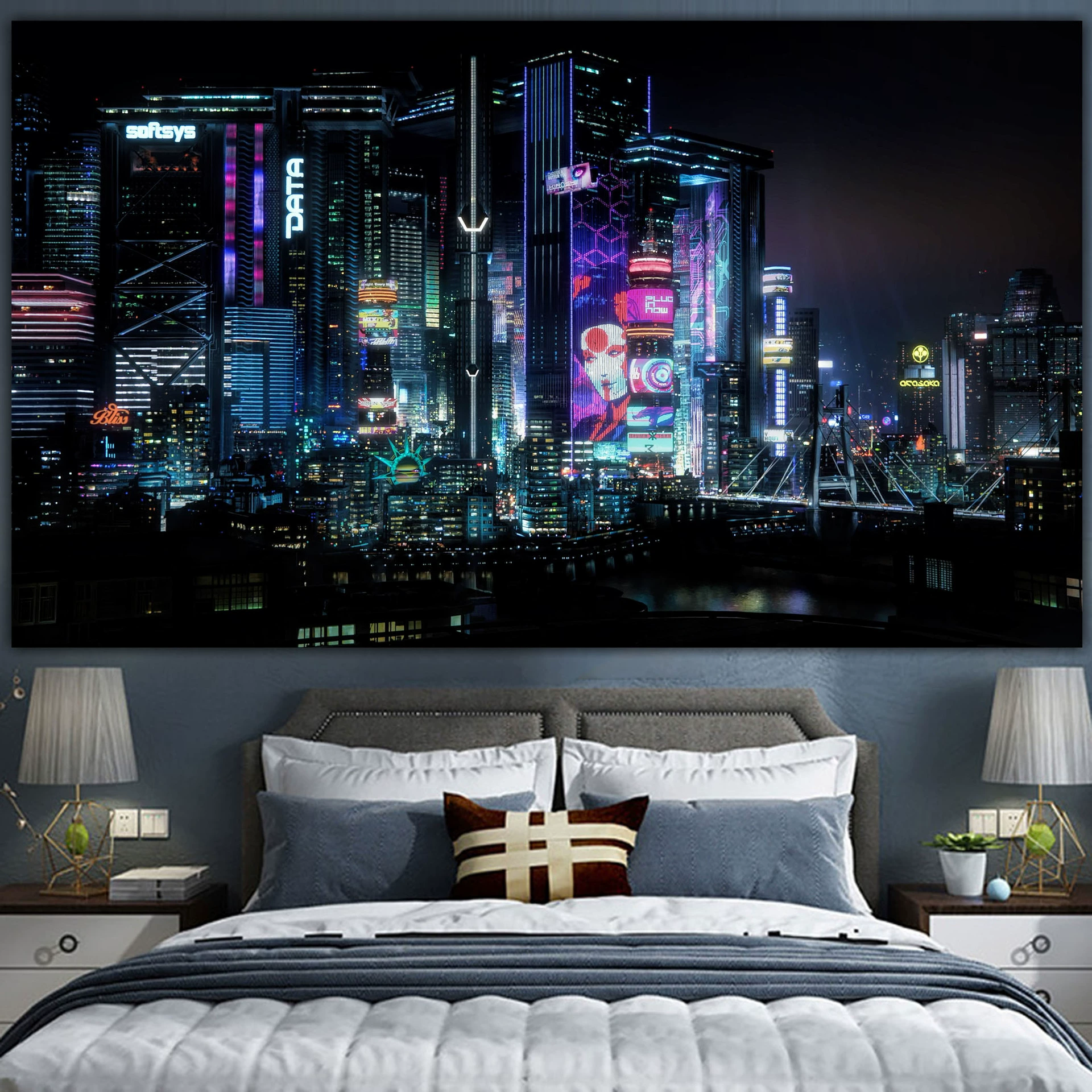 Постер cyberpunk неоновый город, размеры 38×65 см, 85×155 см, 110×200 см