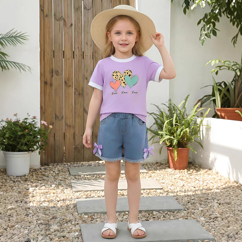 Amazon's Best-Selling 2-Piece Set of Patterned Round-Neck Short-Sleeved T-Shirts and Denim Shorts Set with Cross-Border Class a Certification Amazon's Best-Selling 2-Piece Set of Patterned Round-Neck Short-Sleeved T-Shirts and Denim Shorts Set with Cross-Border Class a Certification