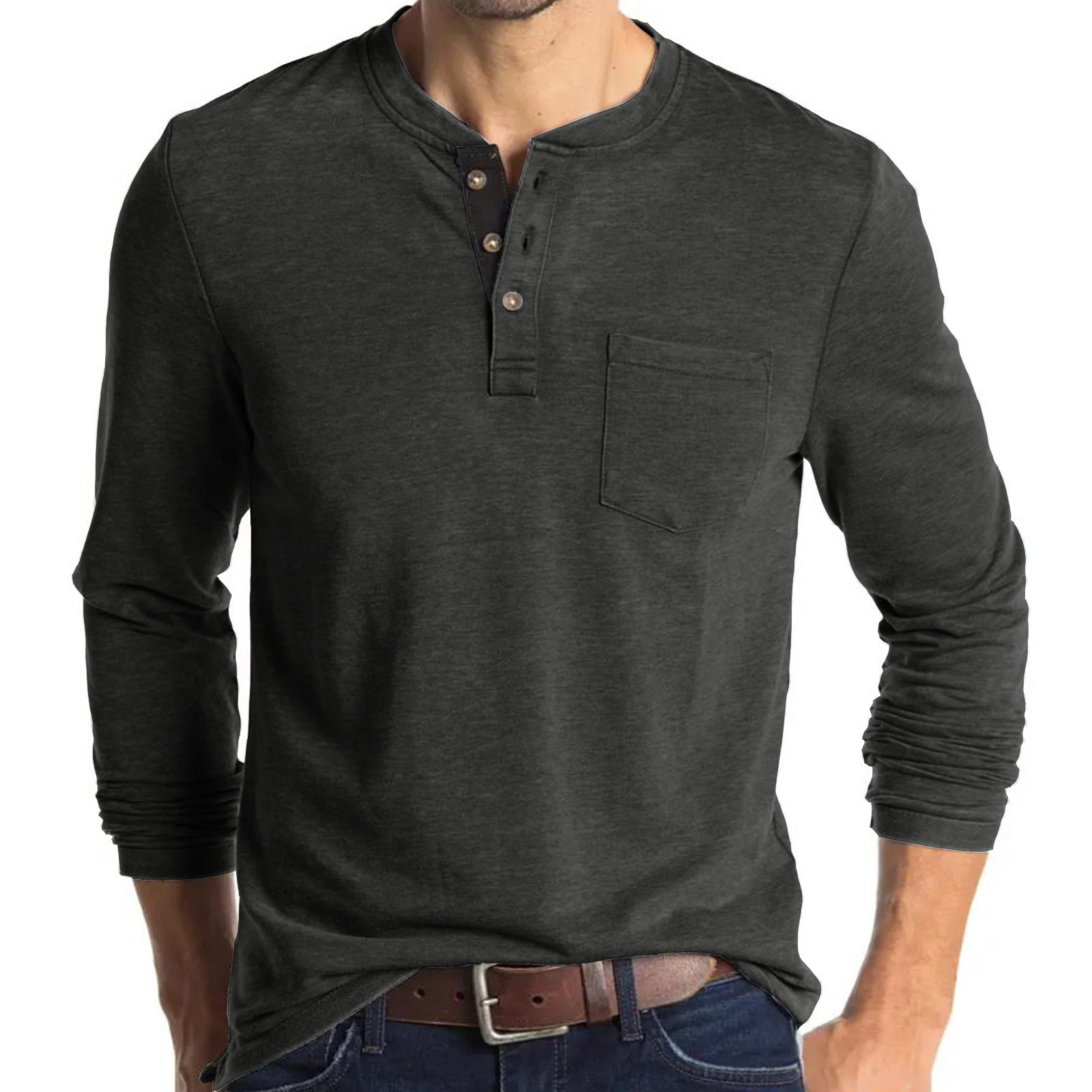 Amazon hombres europeos y americanos de manga larga de cuello redondo Camiseta de los hombres camisa de fondo Comercio exterior de los hombres camiseta Henry cuello superior