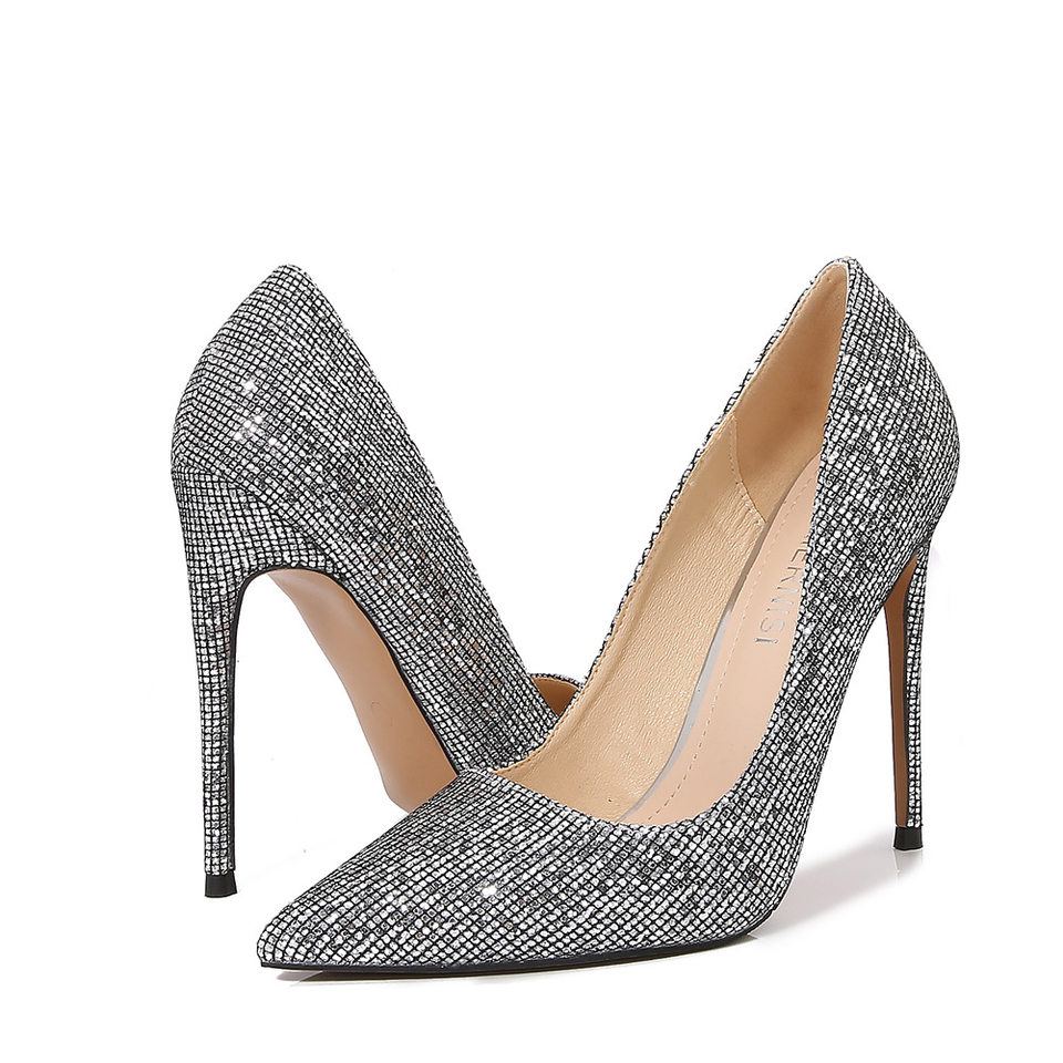 Giày cao gót nữ mũi nhọn gót siêu cao phủ sequins lấp lánh phong cách Âu Mỹ — Màu bạc, Màu sắc, Màu vàng, Màu đỏ