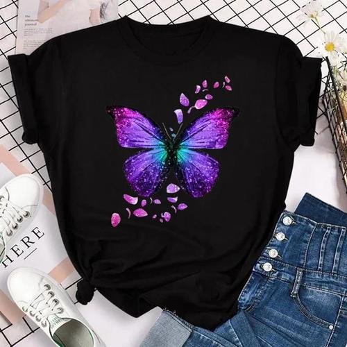 Fashionable Women's T-Shirt with Colorful Butterfly and Petal Print Short-Sleeve and Round Neck Cute Graphic T-Shirt Top for Girls