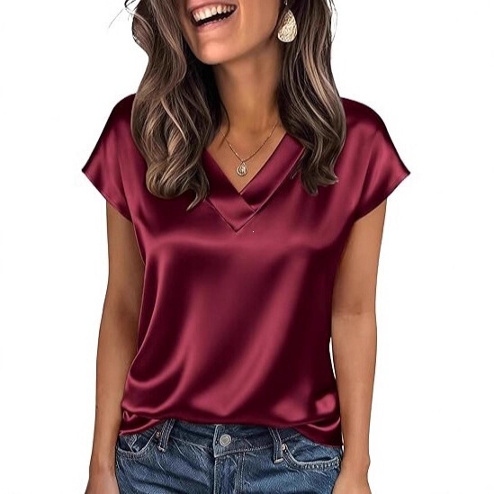 Women's Satin T-Shirt Spring and Summer Amazon European and American Women's New Style Solid Color Business V-Neck Casual Pullover Top for Women Women's Satin T-Shirt Spring and Summer Amazon European and American Women's New Style Solid Color Business V-Neck Casual Pullover Top for Women