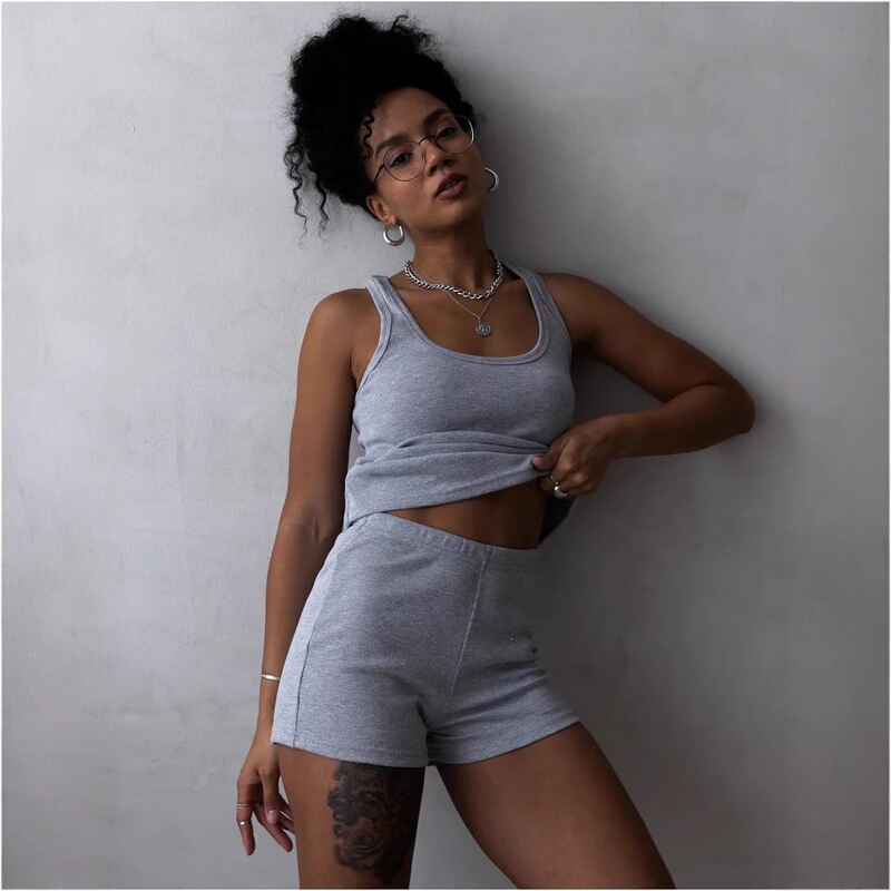 Solid Color Sports Vest and Shorts Set, Ins-Style, Cross-Border European and American Style, Round Neck, Casual, Loose, Comfortable Sports Two-Piece Set