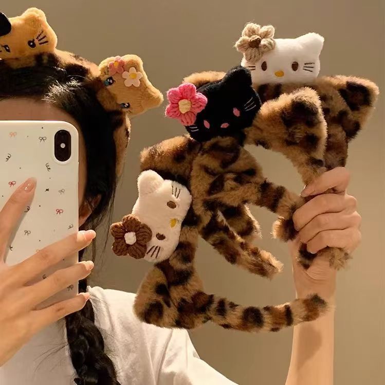 Cute Cat Sauce ~ Black Skin Kitty Cat Ears Leopard Plush Hair Hoop Female Face Wash Makeup Headband Cartoon Hair Accessories