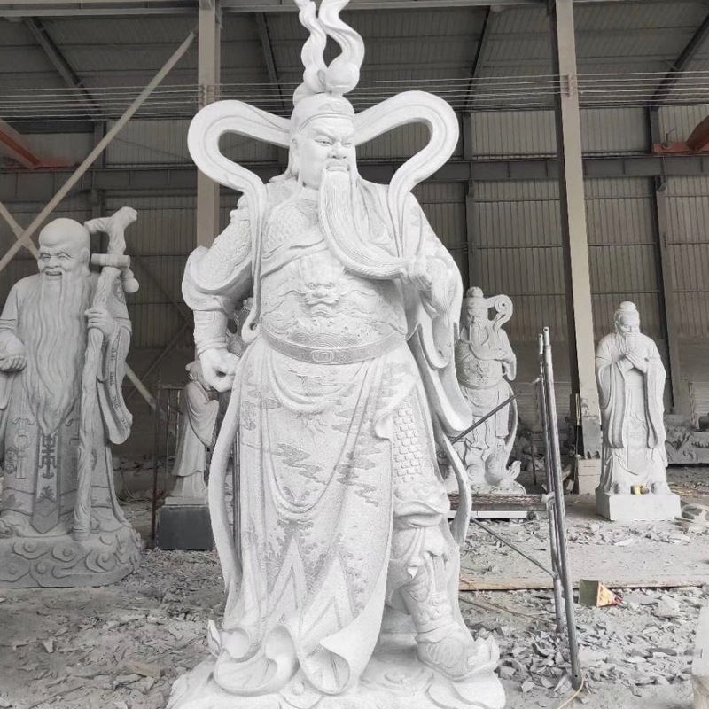 天青石关羽雕像 花岗岩芝麻黑石雕关公摆件 天然石头关二爷雕像