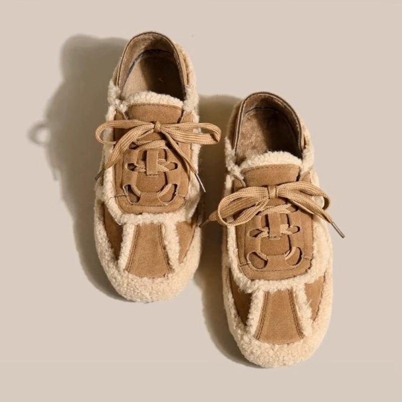 Плюшевые зимние искусственные меховые туфли для женщин 2023, новые осенне-зимние туфли на шнуровке, универсальные домашние тапочки, ботинки-бини.