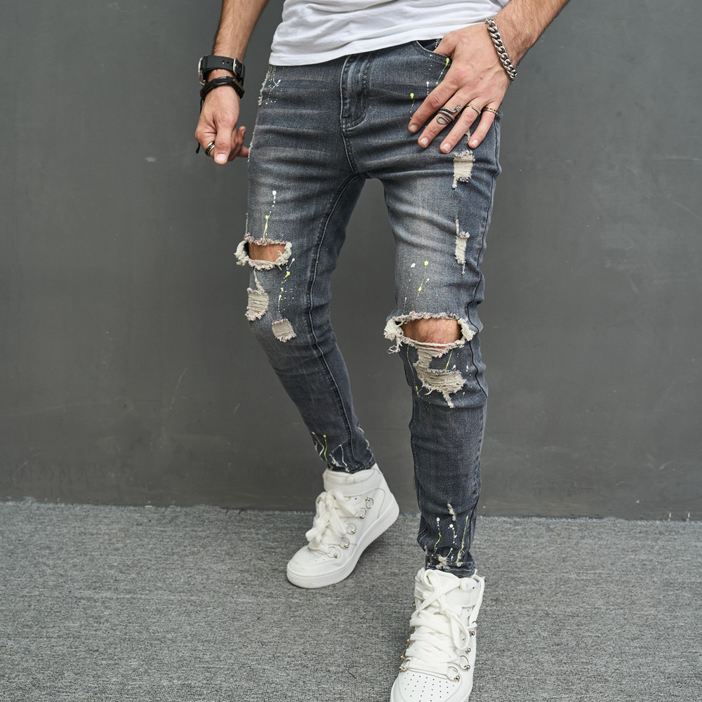 2023 Comercio exterior europeo y americano nuevos hombres jeans rodilla desgastado stretch casual slim fit pantalones moda