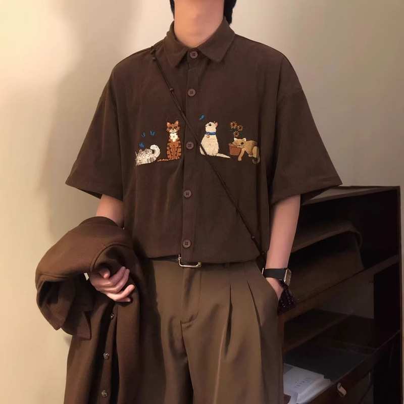 Summer American-Style Fun Cat Embroidered Corduroy Short-Sleeved Shirts for Men and Women, Trendy Brand Loose-Fitting Couple Shirts Summer American-Style Fun Cat Embroidered Corduroy Short-Sleeved Shirts for Men and Women, Trendy Brand Loose-Fitting Couple Shirts
