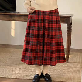 氛围感红色撞色格子格纹百褶a字中长裙女复古学院风松紧腰半身裙