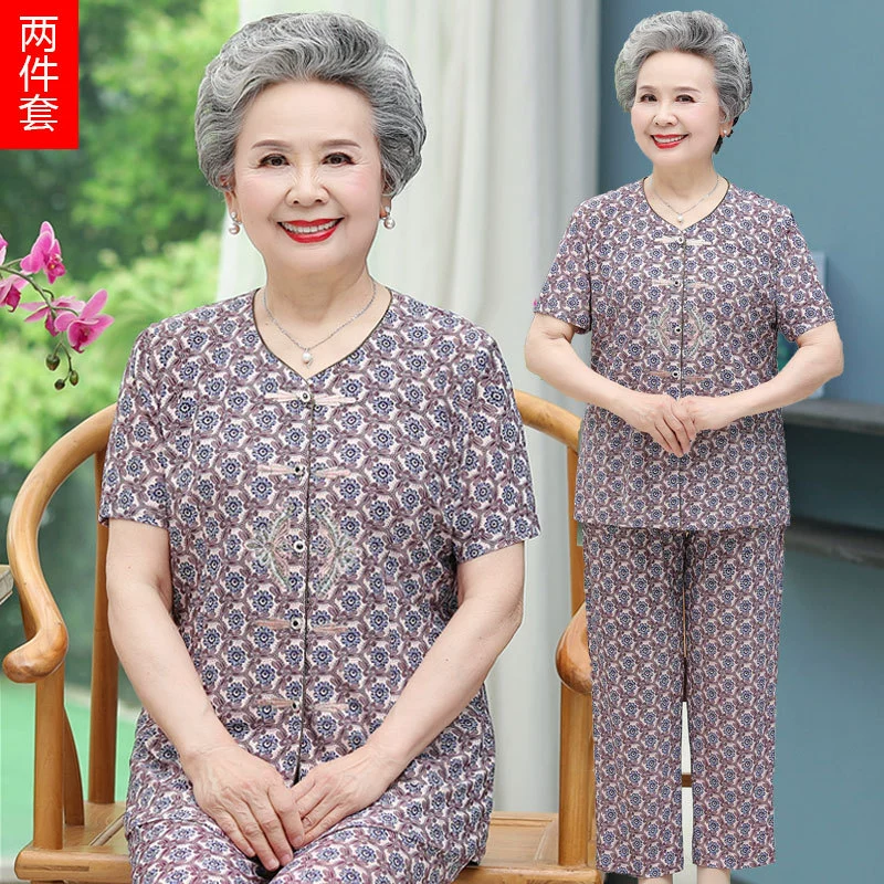 Летняя одежда для бабушки, костюм из двух предметов Ice Silk, рубашка с короткими рукавами, 80 лет, рубашка с короткими рукавами, женщина, одежда больших размеров
