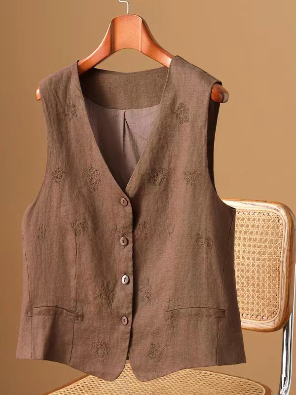 2025 夏薄いリネンレイヤードベスト女性の新しい中国風の刺繍花ベストチョッキジャケット|undefined