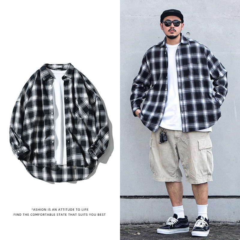 Japanese Style Trendy Brand Plaid Long-sleeved Shirt Men's Loose All-match Casual Winter Couple's Work Jacket Shirt Coat Trendy