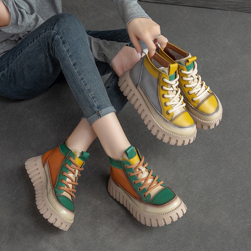 上海杰骤春秋新款厚底拼色马丁靴复古罗马风前休闲松糕底时尚短靴