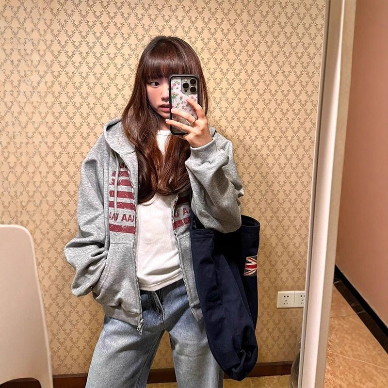 American Retro Letter Flag Cardigan Sweatshirt for Women in Autum Loose Lazy Style Casual Versatile Zipper Hooded Jacket