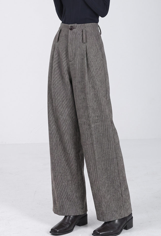 Quần tây nữ ống rộng cạp cao chất liệu len pha polyester, màu trơn, dáng rủ tôn dáng, giữ ấm — Màu ảnh chi tiết 1