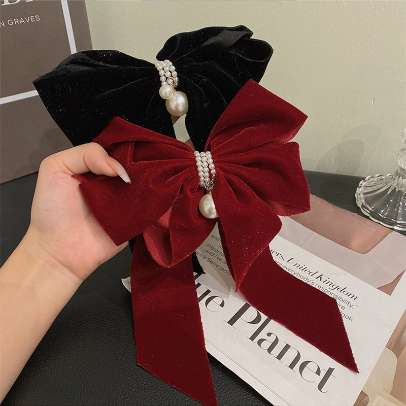 秋冬絲絨大蝴蝶結頭飾髮夾後腦勺復古2022新款高端彈簧夾仙女發卡