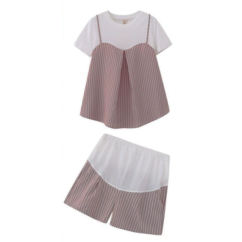 Maternity Two-Piece Set, Women's Summer T‑Shirt & Belly‑Support Shorts, Short Sleeve Loose Fit