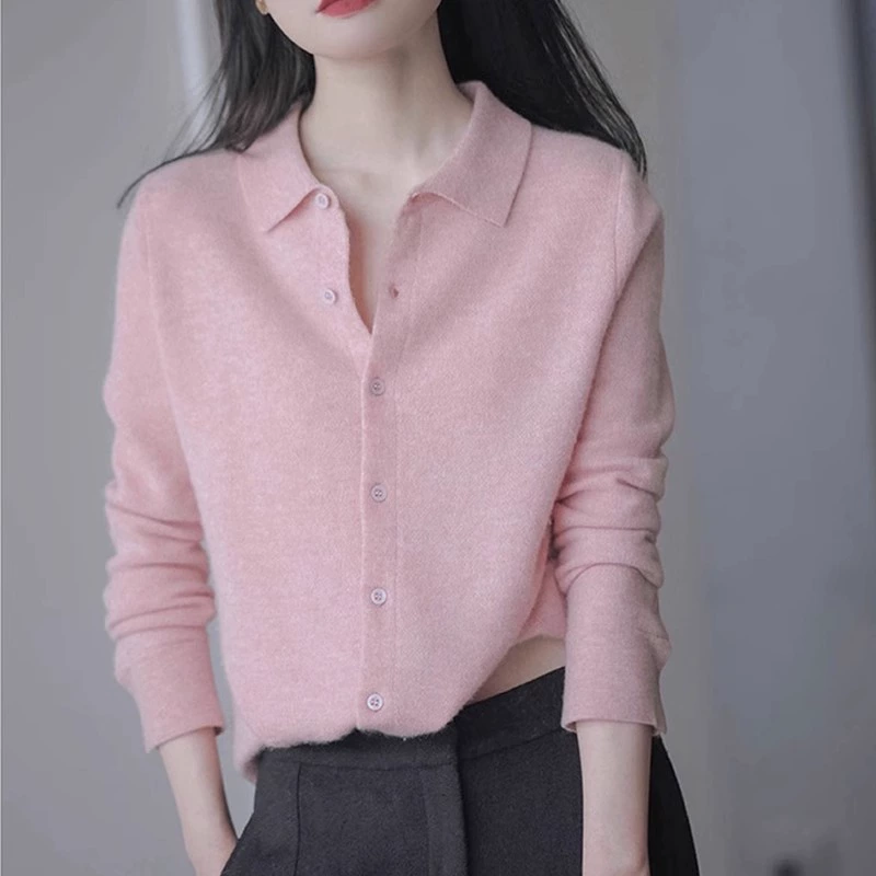 Женская рубашка в гонконгском стиле, розовая, с длинным рукавом, для работы весной и осенью, элегантная и омолаживающая, с отложным воротником, базовая рубашка для женщин