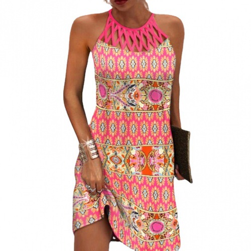 Cross-border new women's  Western European summer round neck hollow neck slimming strapless V-neck printed dress
