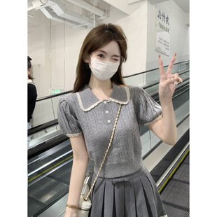 Summer Korean Style Sweet Color Matching Age-Reducing Doll Collar Puff Sleeve Sweater Short-Sleeved Top
