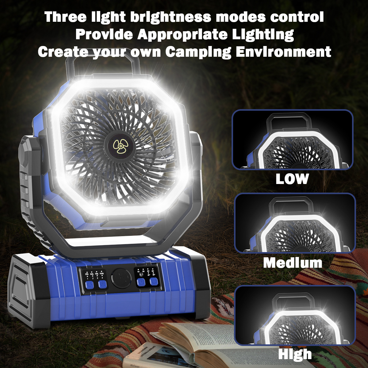 Ventilador Portátil con Gancho para Camping 20000mAh con Luz LED, Oscilación y 4 Velocidades