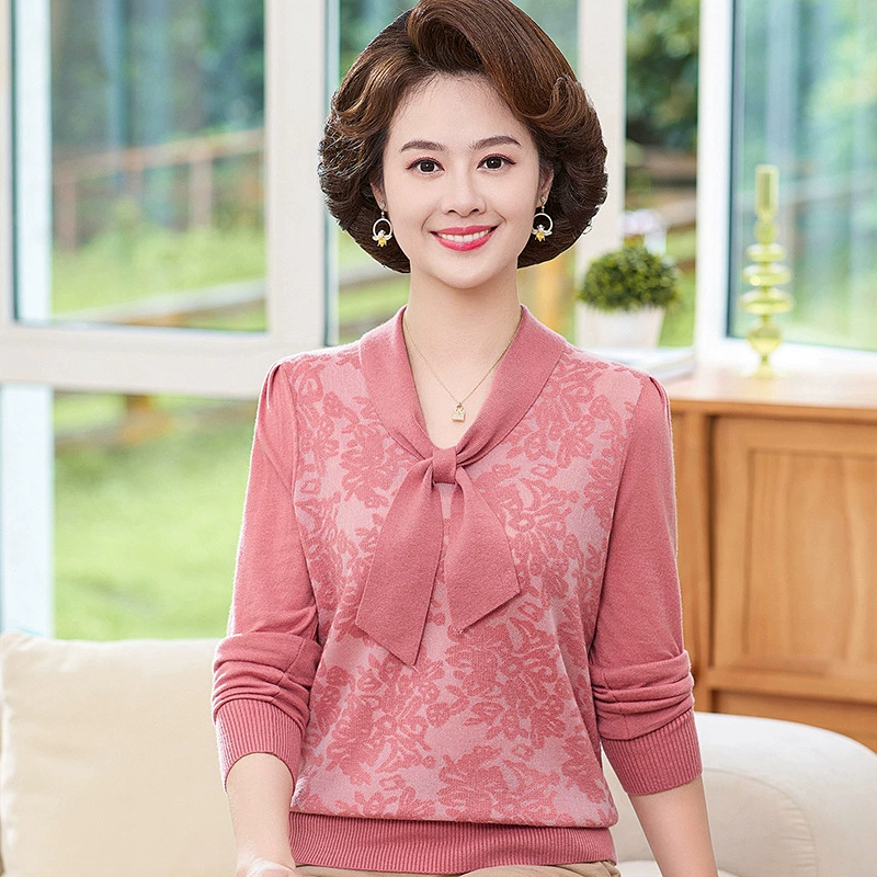 2024 Весенний новый свитер для среднего и пожилого возраста, женская вязаная нижняя рубашка больших размеров с лентой, верхняя одежда, свитер для мамы