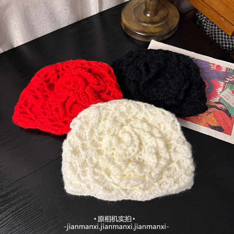 立体花朵镂空包头帽子女秋冬手工钩花立体针织帽优雅时尚单品百搭|undefined