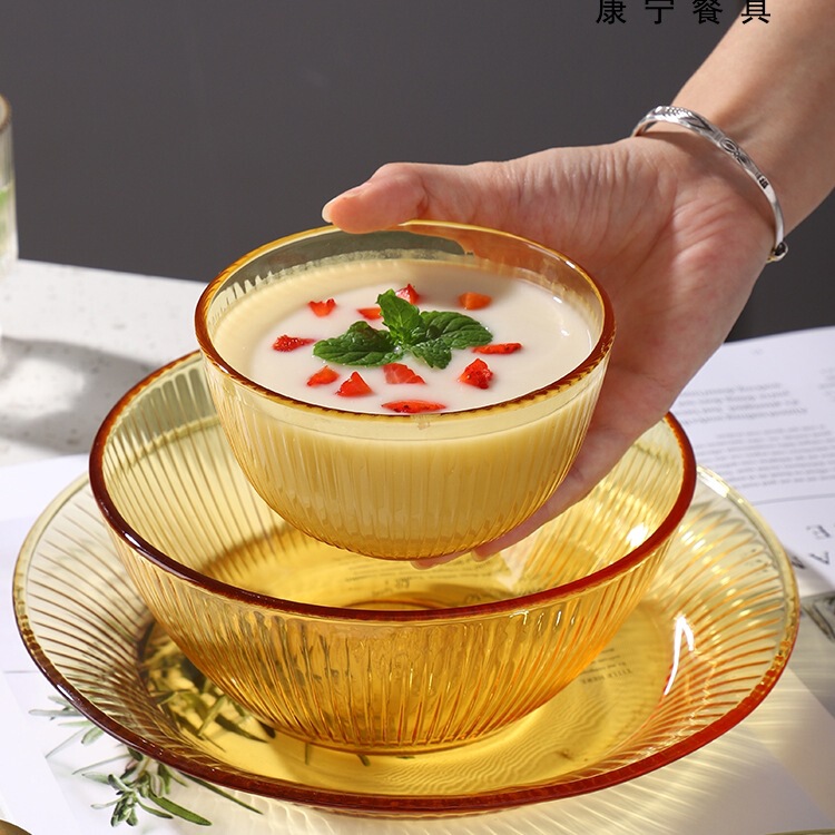 Corning Amber Glass Tableware Set Rice Bowl Noodle Bowl Soup Bowl Glass Bowl High Temperature Resistant Salad Bowl and Plate Set for Home Use