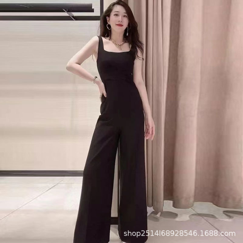 哥家新款女装2024夏季新款黑色直筒气质方领无袖高腰背带连体裤女