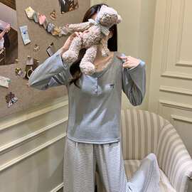 韩系睡衣女款纯欲风性感显瘦咖色条纹春秋季长袖短裤家居服套装