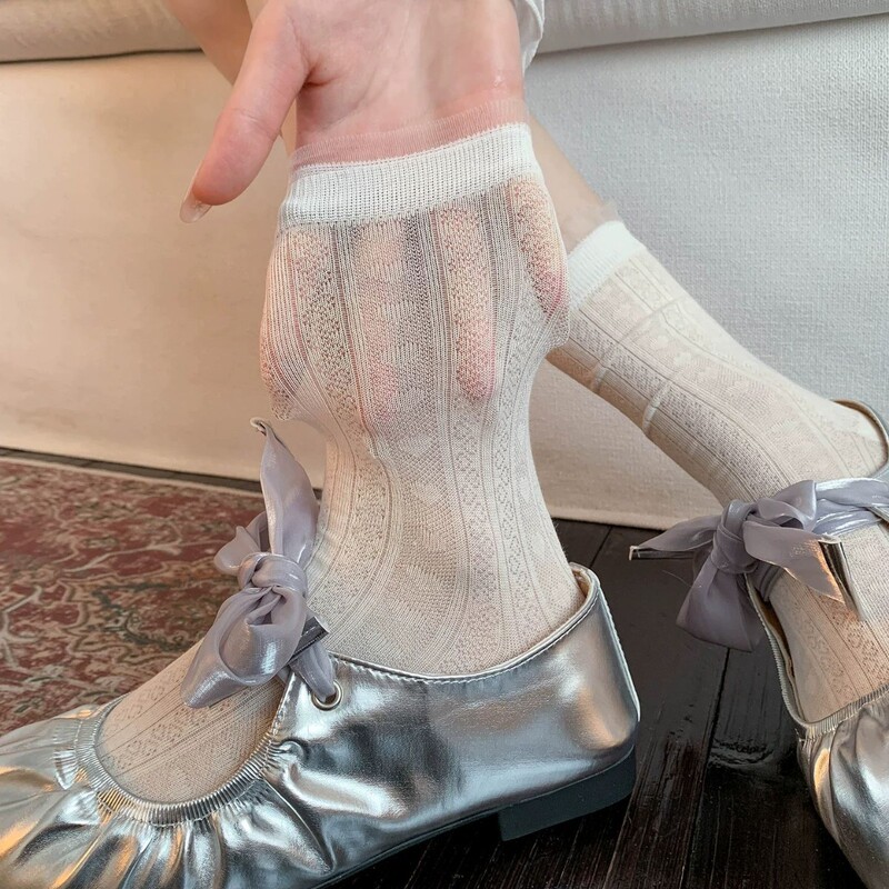 Ballet-Style Miu Lace Mid-Calf Socks, Summer Thin Mesh Ballet-Style Slouch Socks Paired with Mary Jane Shoes