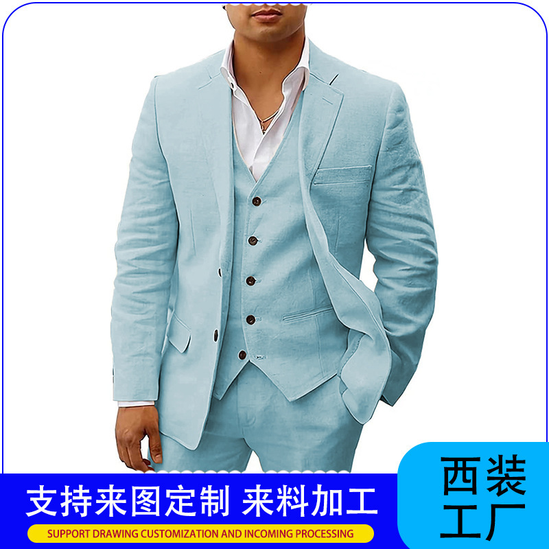 Cross-Border Hot-Selling Men's Three-Piece Cotton and Linen Summer Breathable Business Suit Men's Set Temu Popular Suit