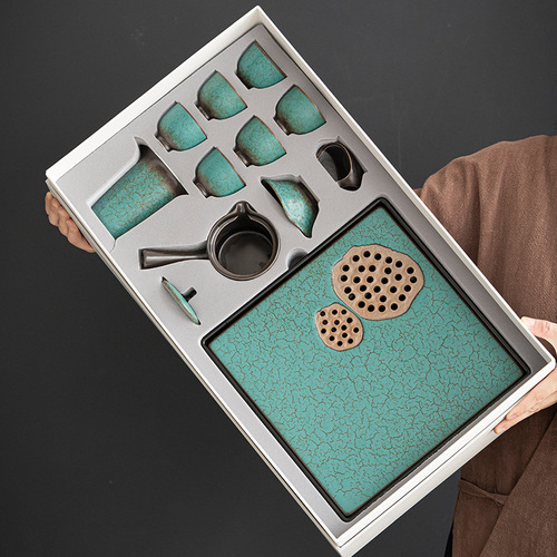 Ceramic tea set tea tray gift box home office light luxury Japanese kiln turned green teapot teacup Kung Fu tea set