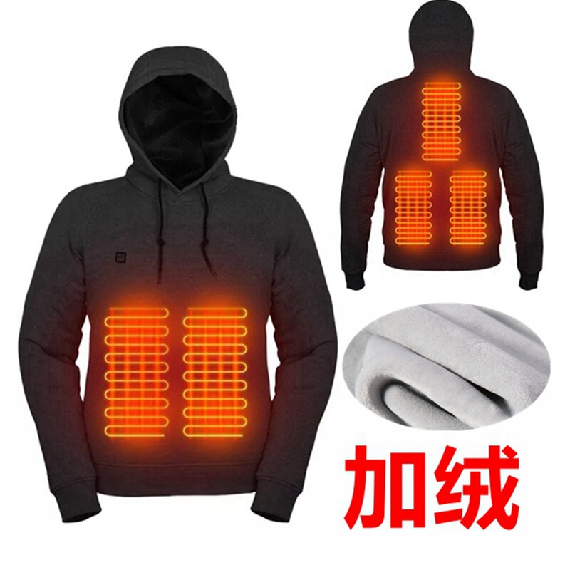 Cross-Border Men's USB Heated Velvet Sweatshirt, Warm Outdoor Casual Clothing, Electric Heated Hooded Heated Sweatshirt