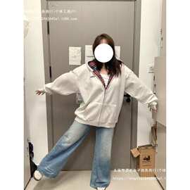 国潮牌拼接撞色格子连帽卫衣女春秋宽松学院风慵懒感时尚外套