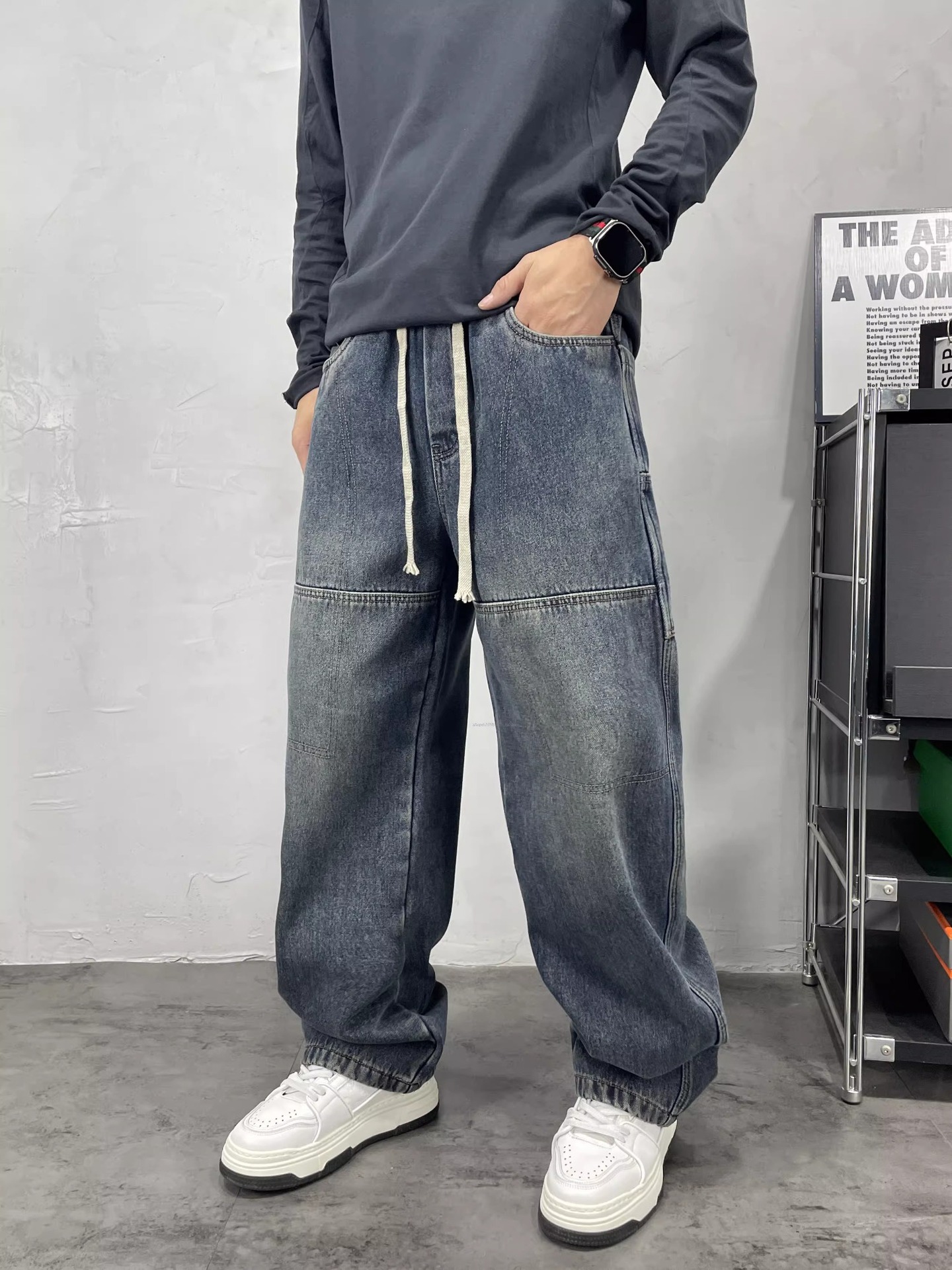 Men's High-Waisted Color-Block Jeans Blue & Black Loose Wide-Leg Straight Pants Hip Hop Style European American Trendy Brand_mkmklike.com