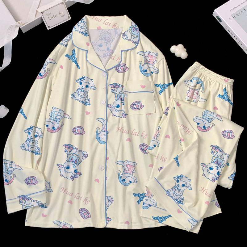 Long-Sleeved and Long-Pants Pajamas for Women, Spring and Autumn, Cotton-Like, Cute Lamb Print, Cardigan, Loose Fit, Suitable for Going Out and Wearing at Home Long-Sleeved and Long-Pants Pajamas for Women, Spring and Autumn, Cotton-Like, Cute Lamb Print, Cardigan, Loose Fit, Suitable for Going Out and Wearing at Home