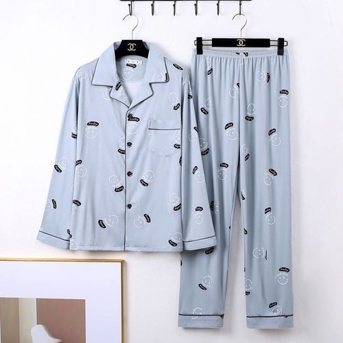 Pure Cotton Sleepwear Long Sleeve Spring and Autumn Season Men's Autumn Style Blue Middle-Aged and Young Summer Home Clothes Set