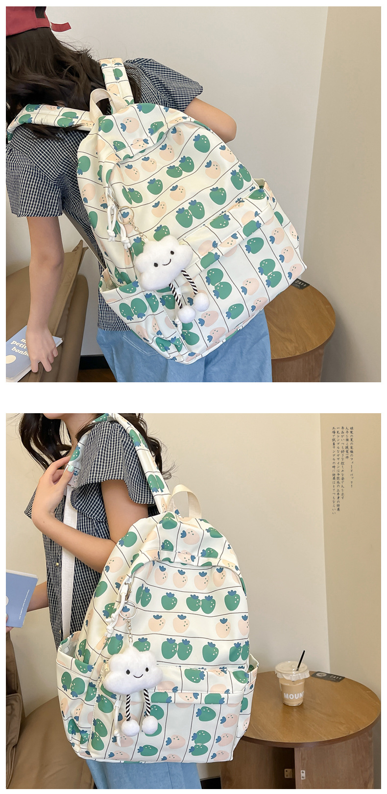 738g Weight Polyester Lining Material Sewing Thread Fashion Element Zipper Closure Type Double Shoulder Straps Strap Type Casual, School, Daily Occasion Nylon Material Waterproof Function Back To School Festival School Backpack Backpack Flower, Strawberry Pattern All Seasons Season Women's Gender Classic Style Style Square Shape Waterproof Flower Strawberry Casual School Daily School Backpack 10