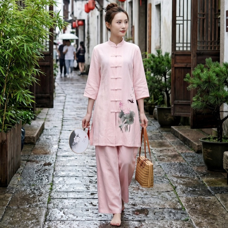 棉麻禅修服女套装春秋季新款宽松居士服打坐瑜伽茶艺太极服大码
