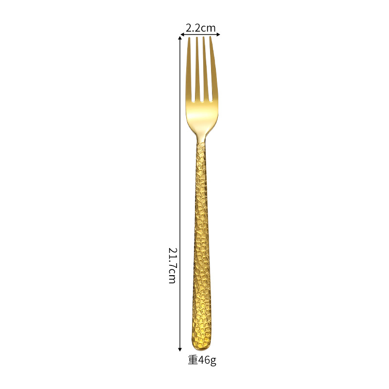 Escala de acero inoxidable estilo europeo occidental vajilla cuchillo, tenedor y cuchara patrón de martillo chapado en oro engrosado cuchillo de carne postre tenedor cuchara conjunto de cinco piezas