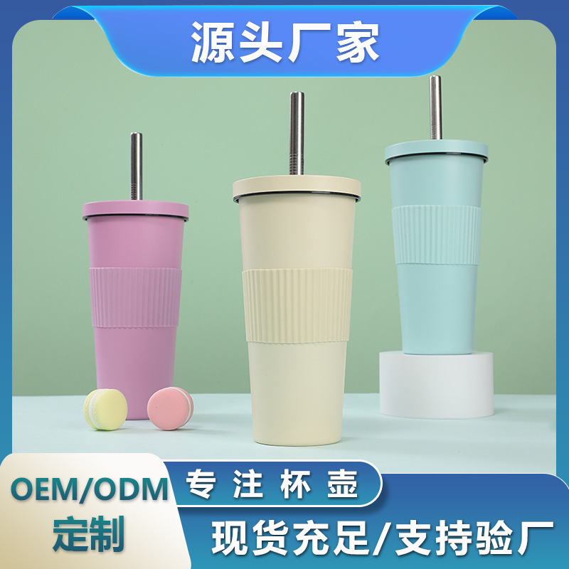 国境を越えた新しい高価値スチールカップ、シンプルなプラスチックスプレー付きステンレススチールストローカップ、ウエストカバー付き、大容量ミルクティーカップ|undefined