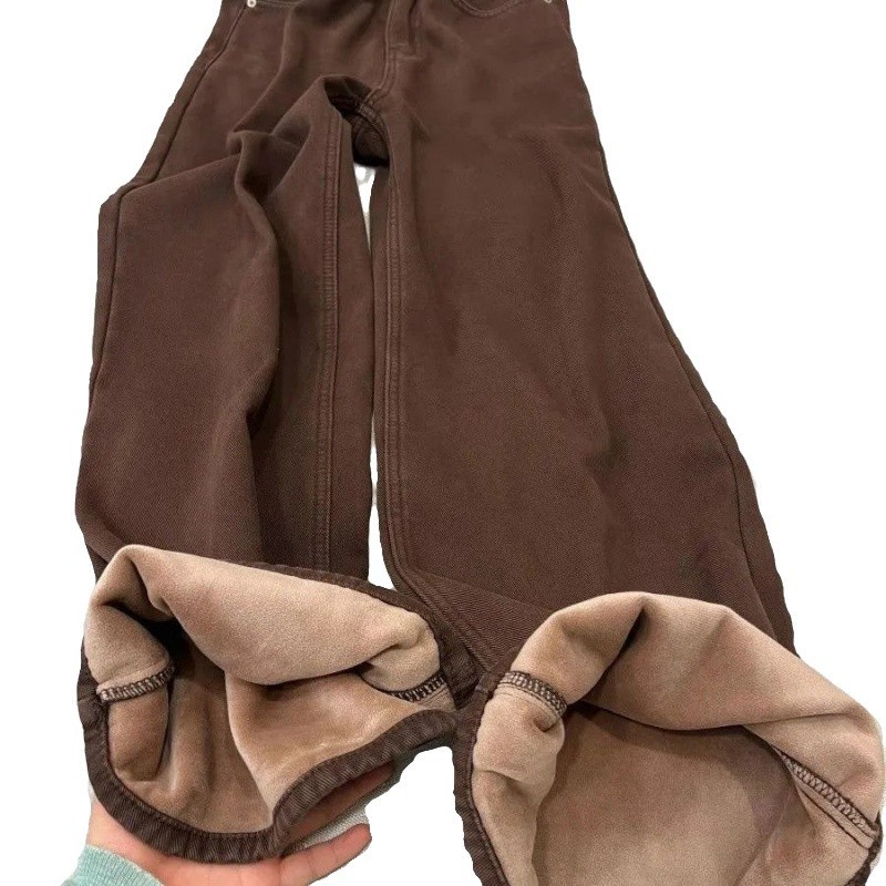 メイラードブラウン裏起毛厚手ワイドレッグジーンズ レディース 2025秋冬 ハイウエストゆったり着痩せストレートパンツ