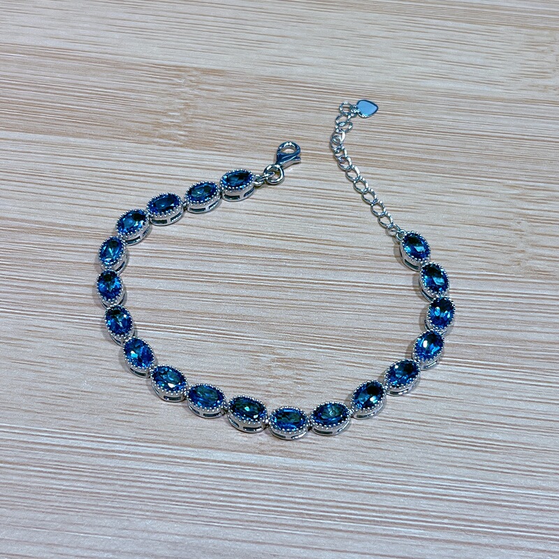 Fall 2023 new S925 silver plated platinum inlaid Topaz London blue bracelet 4 * 6mm 9