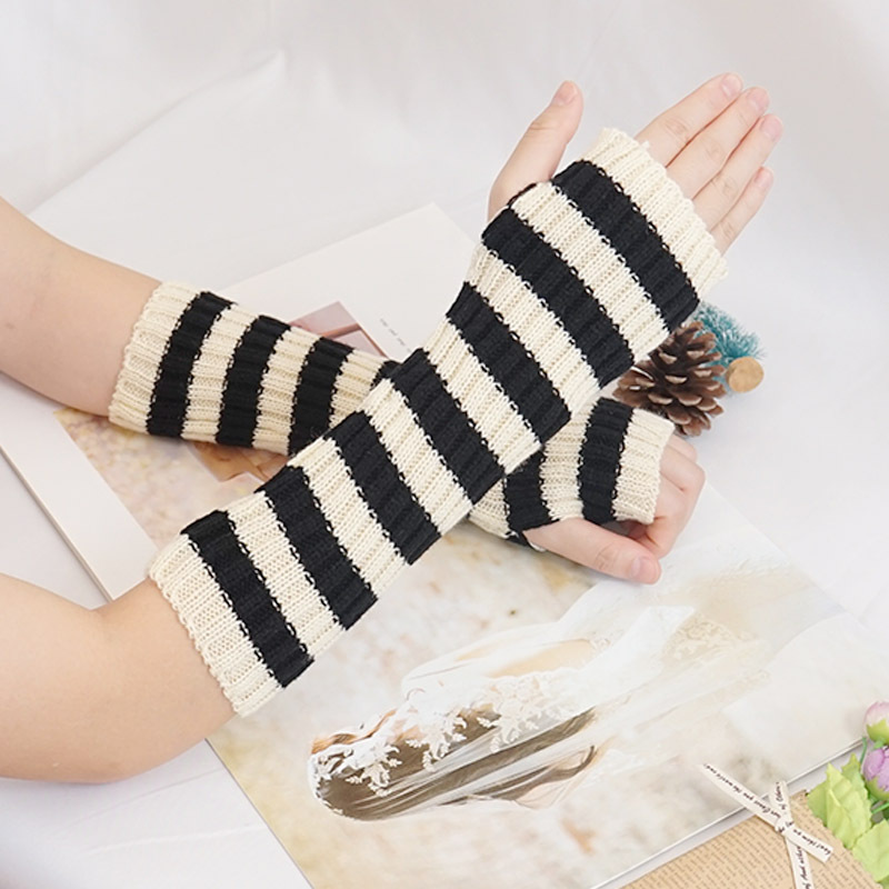 New Autumn and Winter Warm Knitted Wide Striped Arm Cover Korean Style Fashionable All-match Half Finger Hole Typing Mid-length Sleeve