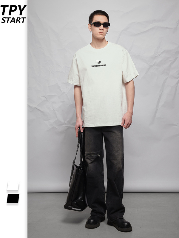 Qiaoshan 280G レトロレタープリント Tシャツメンズ夏イントレンドブランドストリートカップルルーズ半袖トップス|undefined