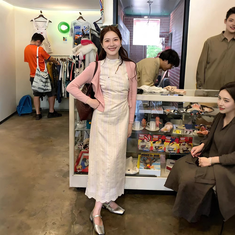 Fire Fire Fire - [Moon White Bamboo Yao] New Chinese-Style Striped Improved Cheongsam Dress for Women with Floral Print and Petal Sleeves for Summer